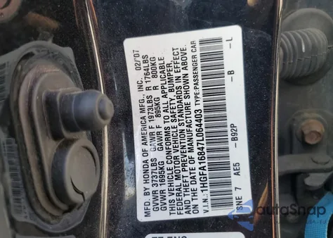 2007 Honda Civic Ex from USA, damaged, VIN 1HGFA16847L064403